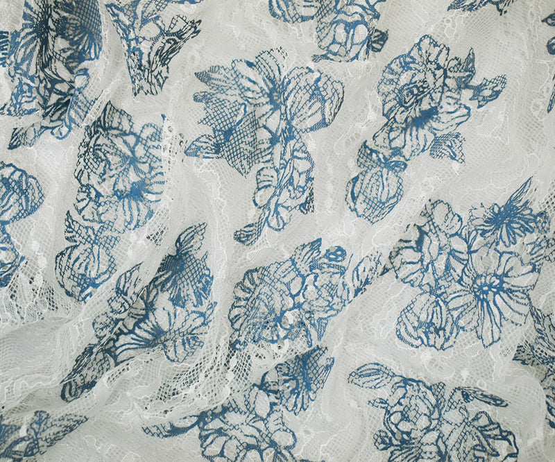 White-Blue Nylon Floral Printed Lace Knit Fabric