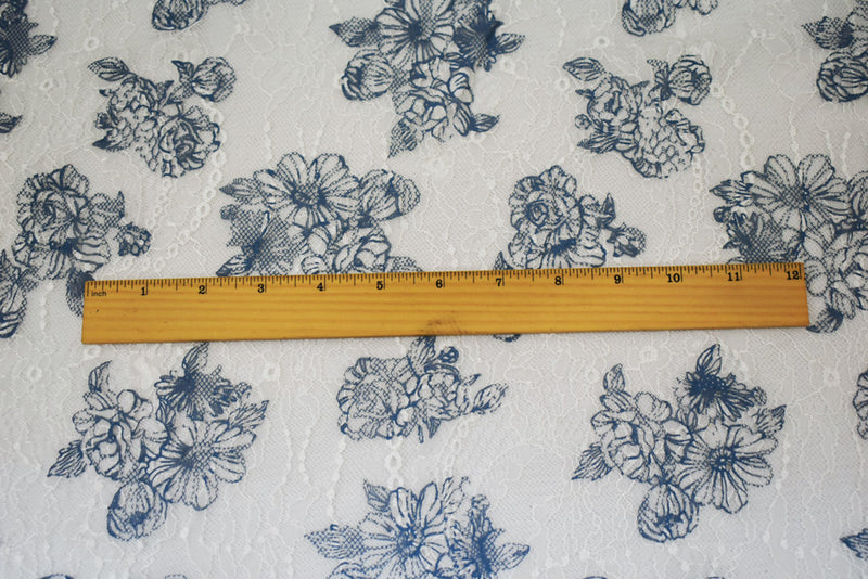 White-Blue Nylon Floral Printed Lace Knit Fabric