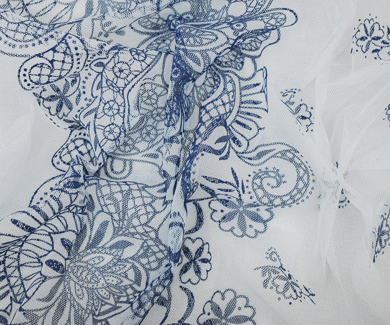 White-Dark Blue Nylon Floral Border Printed Mesh Tulle Fabric