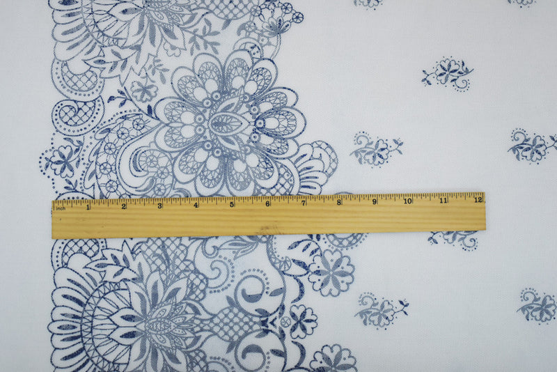White-Dark Blue Nylon Floral Border Printed Mesh Tulle Fabric