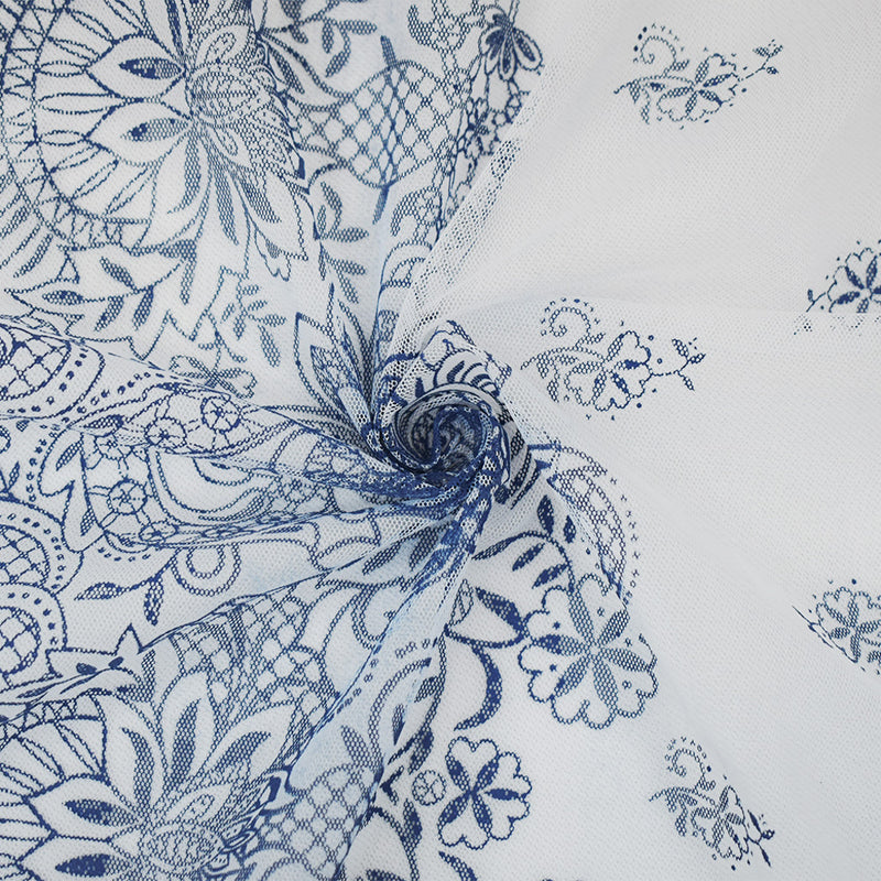 White-Dark Blue Nylon Floral Border Printed Mesh Tulle Fabric