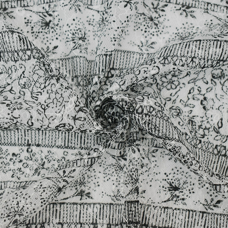 White-Black Nylon RAYON Floral Stripe Printed Lace Mesh Knit Fabric