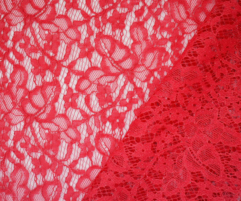 Coral Red Nylon Cotton Crochet Floral Lace Mesh Knit Fabric