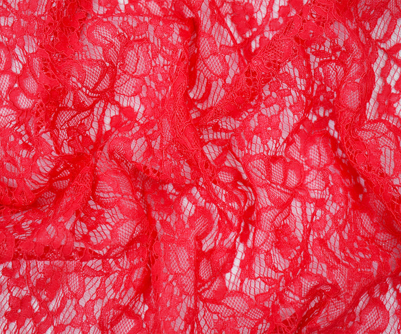 Coral Red Nylon Cotton Crochet Floral Lace Mesh Knit Fabric