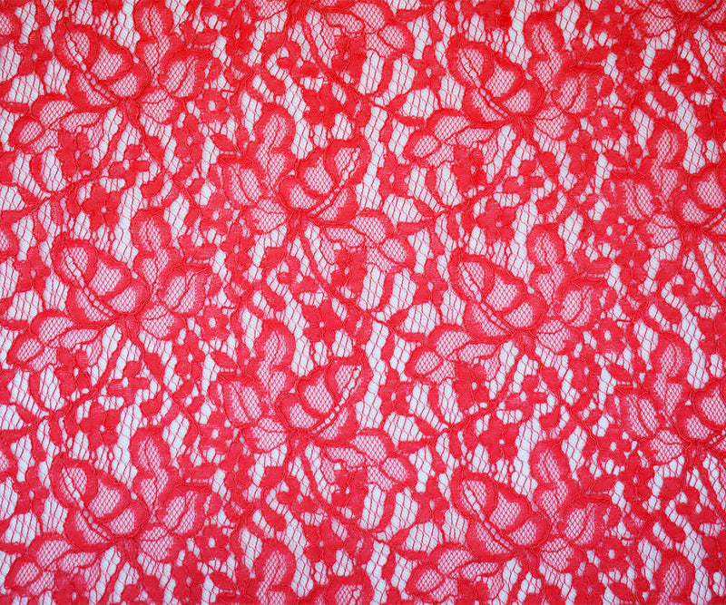 Coral Red Nylon Cotton Crochet Floral Lace Mesh Knit Fabric