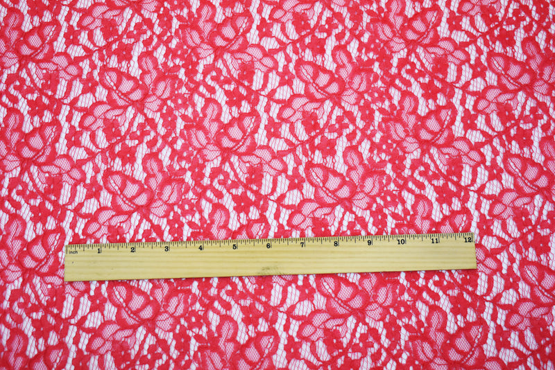Coral Red Nylon Cotton Crochet Floral Lace Mesh Knit Fabric