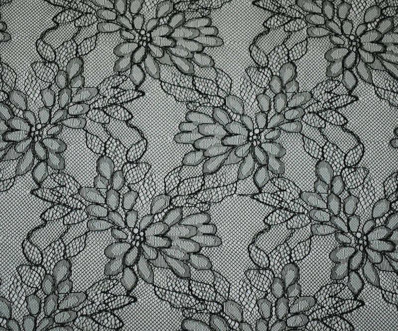 Black-White-Silver Polyester Nylon Floral Lace Mesh Knit Fabric