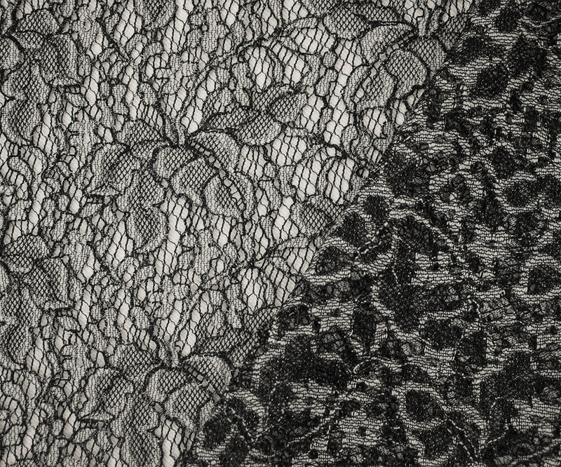 Black-White-Silver Polyester Nylon Floral Lace Mesh Knit Fabric
