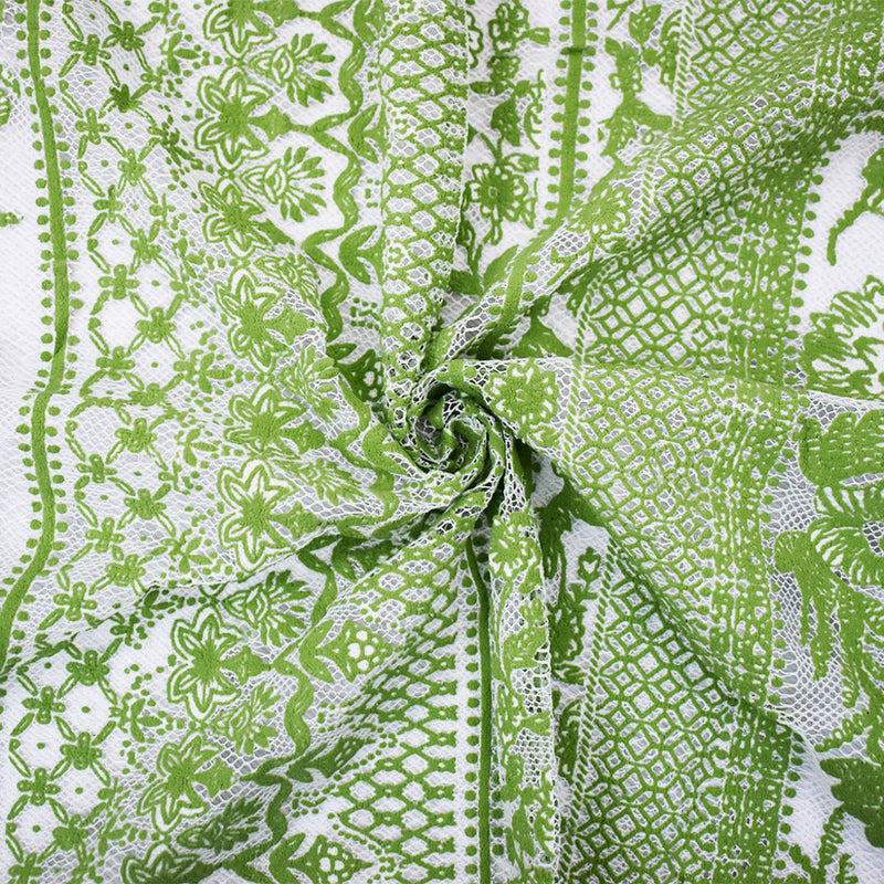 White-Green Nylon Cotton Floral Stripe Printed Mesh Tulle Knit Fabric