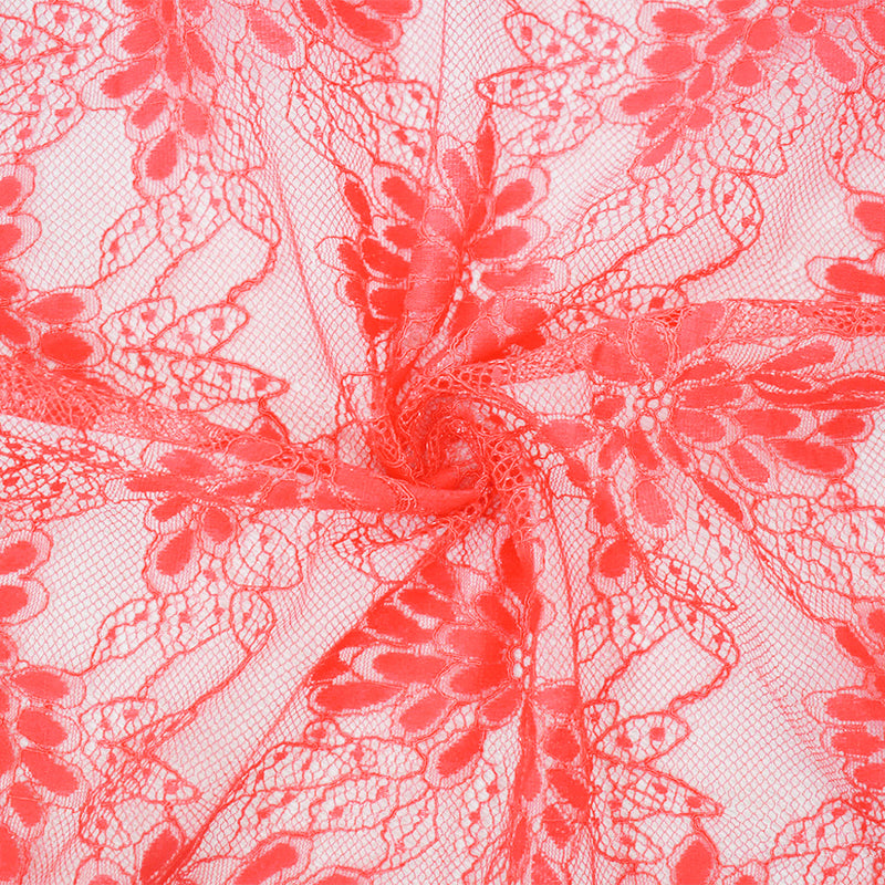 Coral Red Nylon Cotton Floral Lace Mesh Knit Fabric