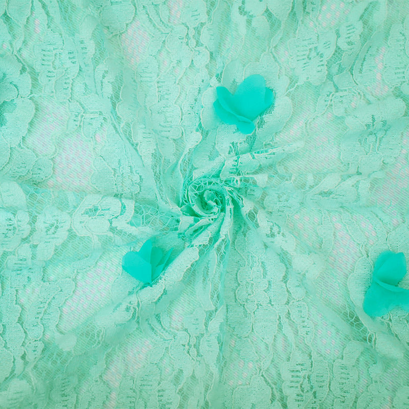 Pastel Teal Cotton-Poly Floral Applique Lace Mesh Knit Fabric