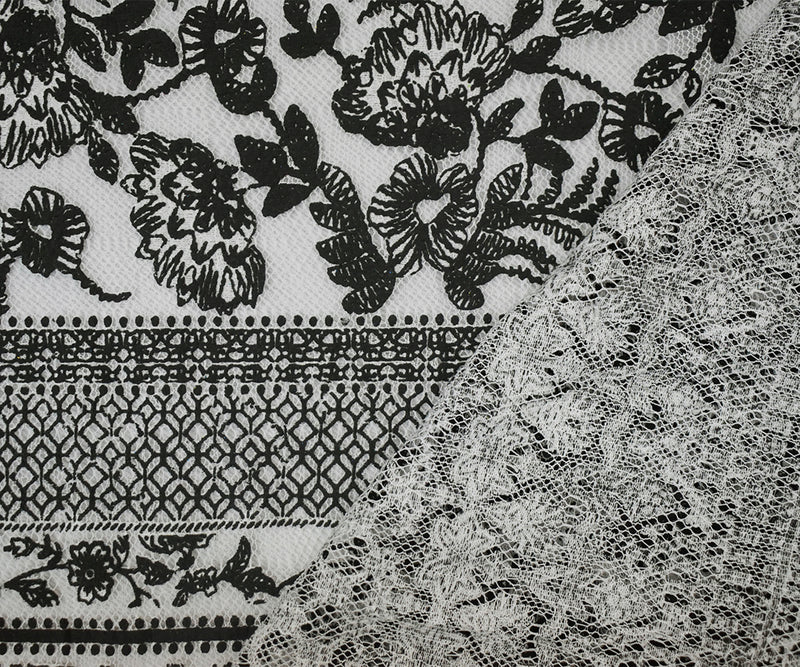 Black-White Cotton Nylon Floral Printed Mesh Fabric