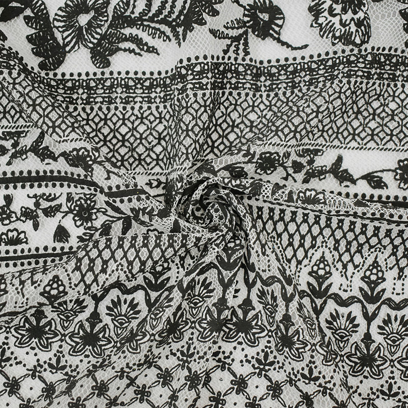 Black-White Cotton Nylon Floral Printed Mesh Fabric