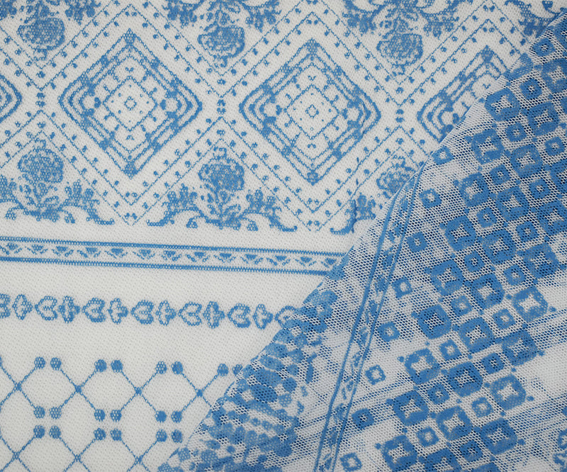 White-Blue Poly Stretch Diamond Multi Pattern Stripe Print Mesh Tulle Fabric