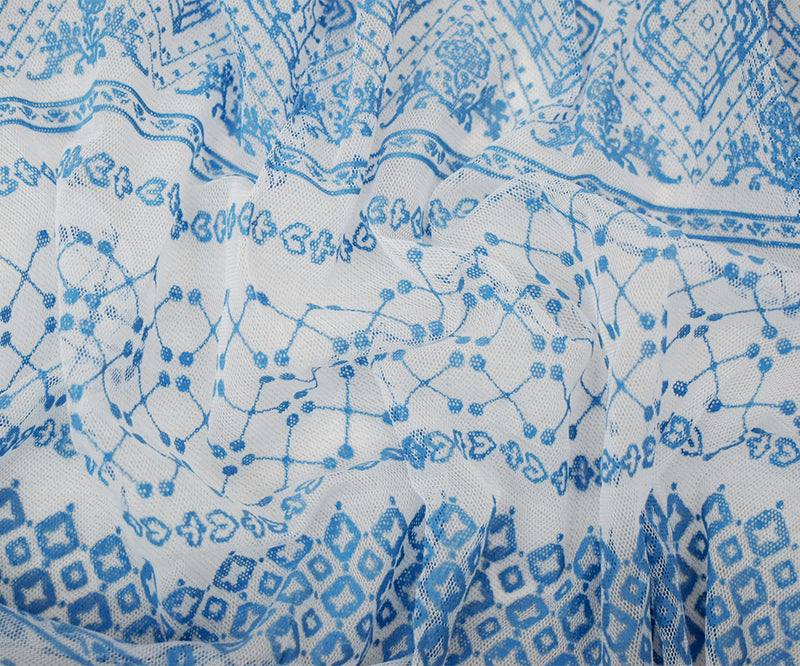 White-Blue Poly Stretch Diamond Multi Pattern Stripe Print Mesh Tulle Fabric