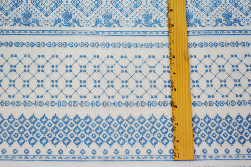 White-Blue Poly Stretch Diamond Multi Pattern Stripe Print Mesh Tulle Fabric