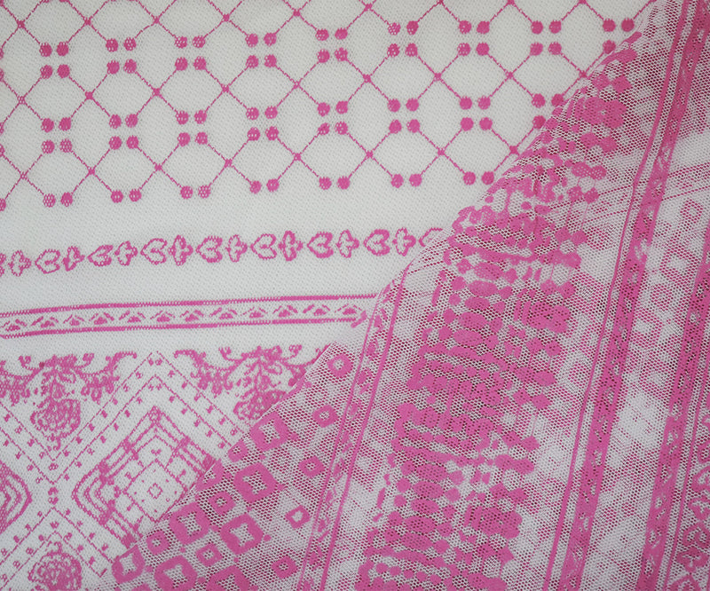 White-Pink Nylon Stretch Diamond Multi Pattern Stripe Print Mesh Tulle Fabric