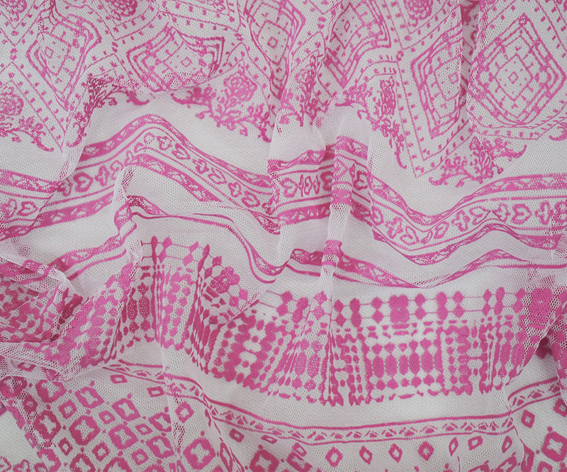 White-Pink Nylon Stretch Diamond Multi Pattern Stripe Print Mesh Tulle Fabric