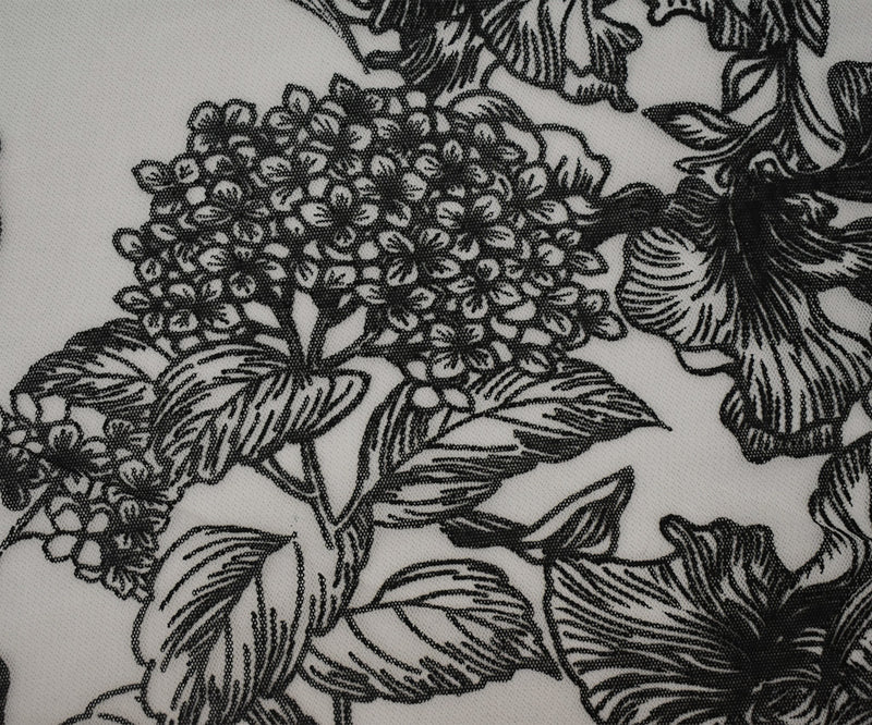 Black-White Nylon Floral Printed Mesh Tulle Knit Fabric