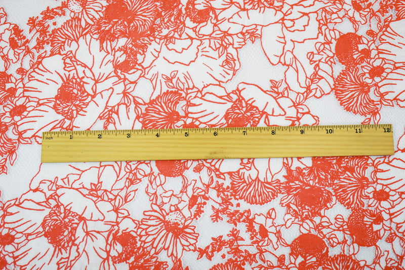 Orange-White Cotton Nylon Floral Printed Crochet Lace Mesh Knit Fabric