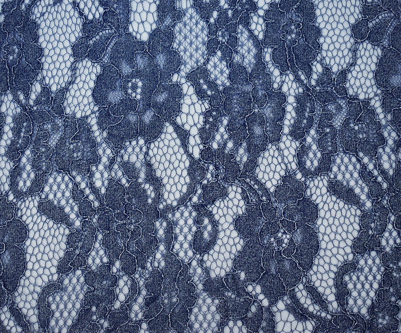 Blue-Silver Poly Nylon Floral Lace Mesh Knit Fabric