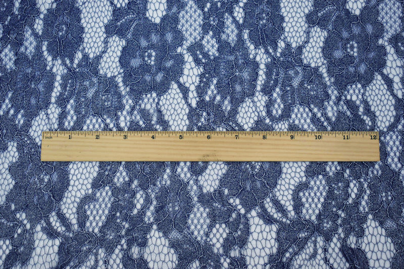 Blue-Silver Poly Nylon Floral Lace Mesh Knit Fabric
