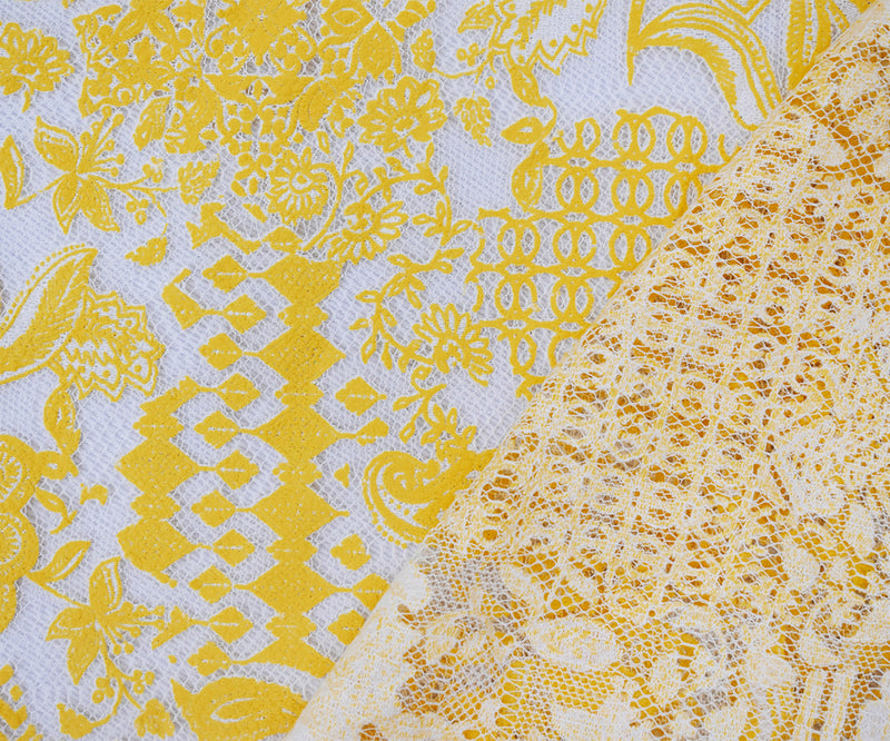 White-Yellow Cotton Nylon Floral Multi Pattern Printed Crochet Lace Knit Fabric