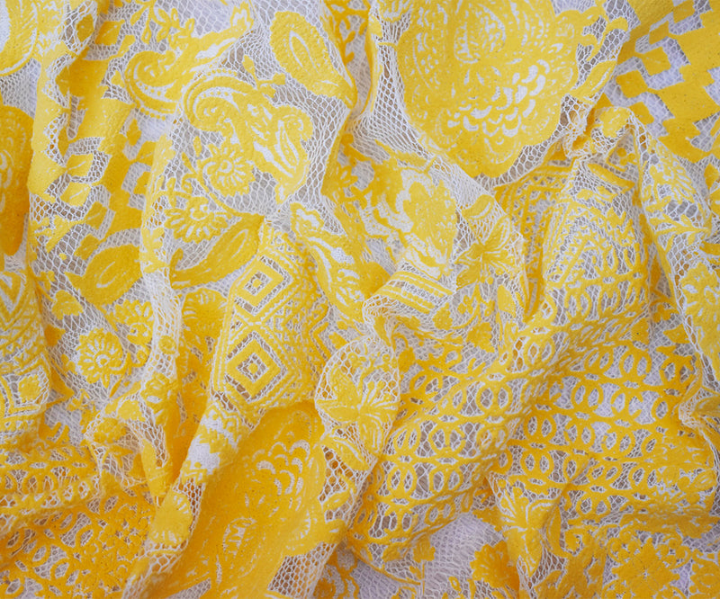 White-Yellow Cotton Nylon Floral Multi Pattern Printed Crochet Lace Knit Fabric