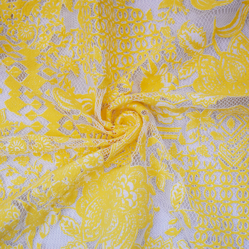 White-Yellow Cotton Nylon Floral Multi Pattern Printed Crochet Lace Knit Fabric
