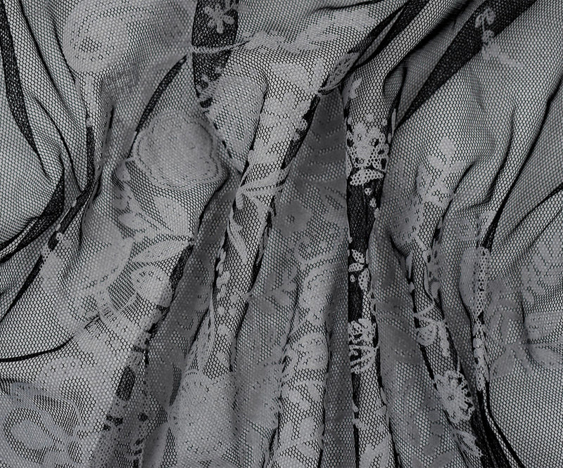 Black-White Nylon Floral Border Scallop Printed Mesh Tulle Knit Fabric