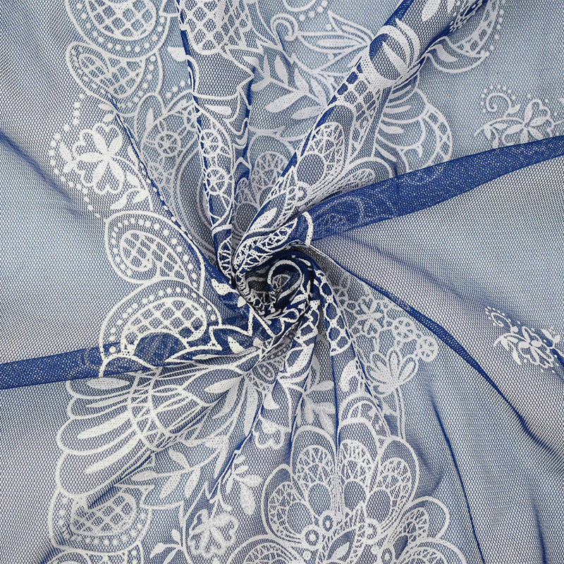 Blue-White Nylon Floral Border Printed Mesh Tulle Knit Fabric