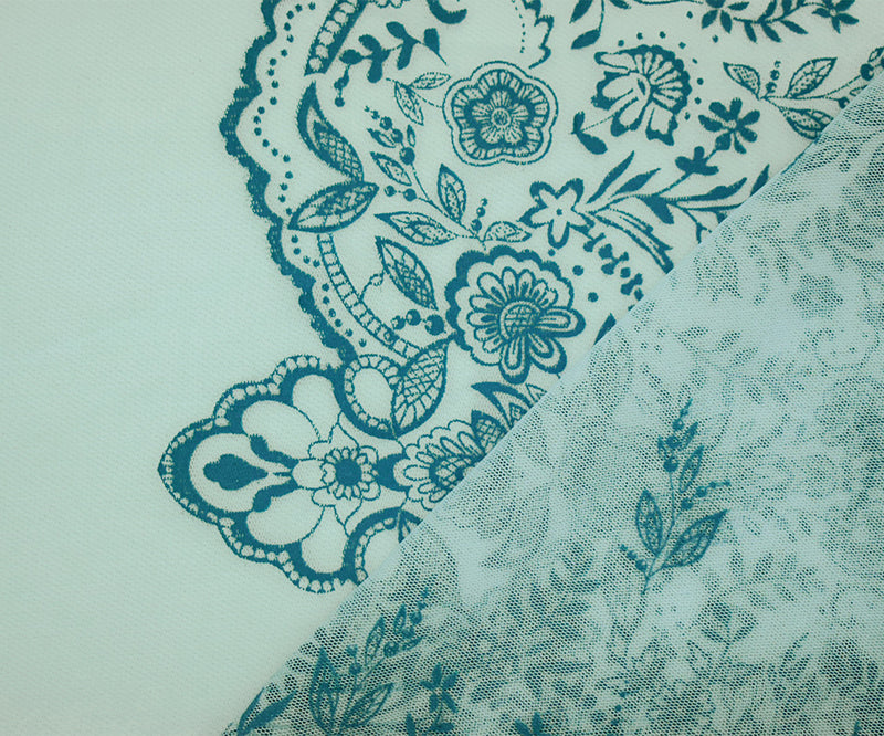 Light Blue-Teal Nylon Floral Border Scallop Printed Mesh Tulle Knit Fabric