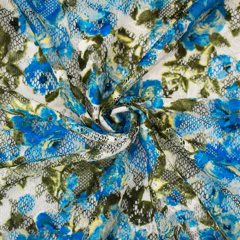 Blue-Green-Multi Poly Nylon Floral Printed Crochet Lace Mesh Knit Fabric