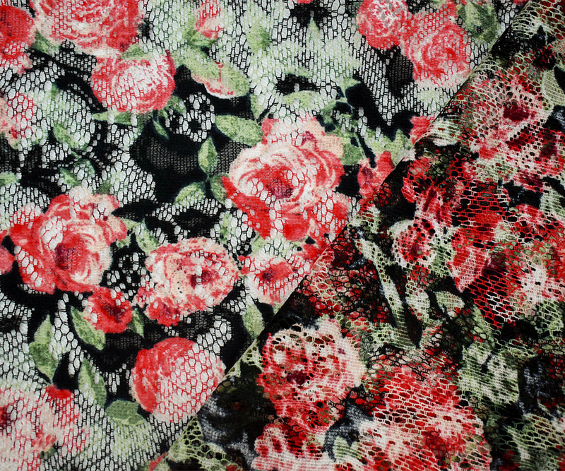 4 YD PC-Red-Green-Multi Poly Rayon Floral Printed Crochet Lace Knit Fabric