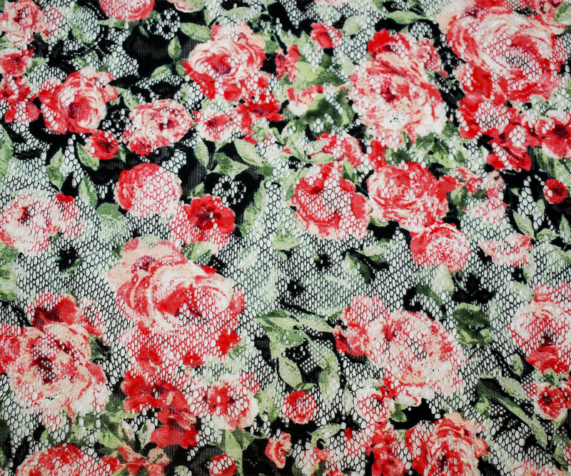 4 YD PC-Red-Green-Multi Poly Rayon Floral Printed Crochet Lace Knit Fabric