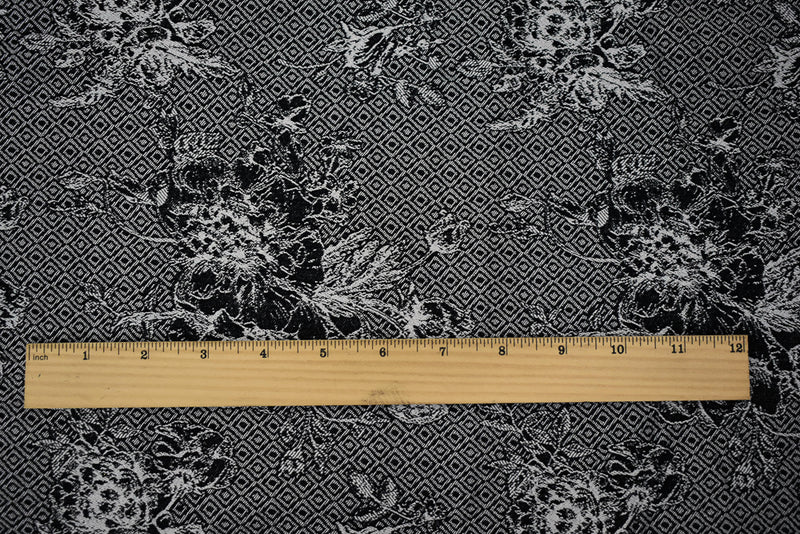 3 1/4 YD PC-Black-White Rayon Blend Stretch Floral Diamond Bengaline Jacquard Fabric