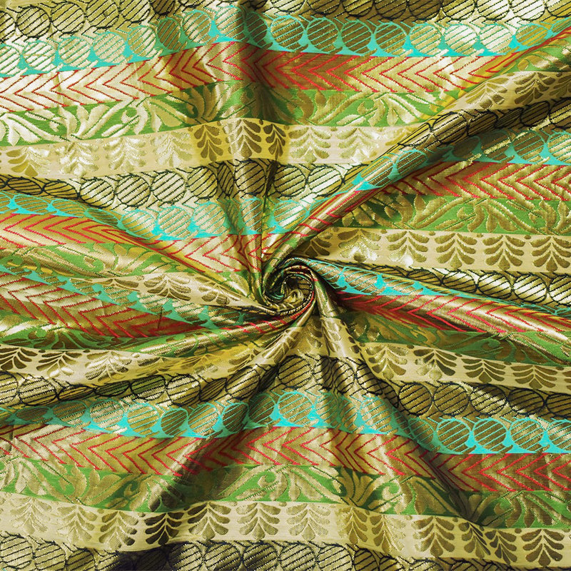 Metallic Gold-Red-Multi Stripe Pillar Jacquard Brocade Woven Fabric