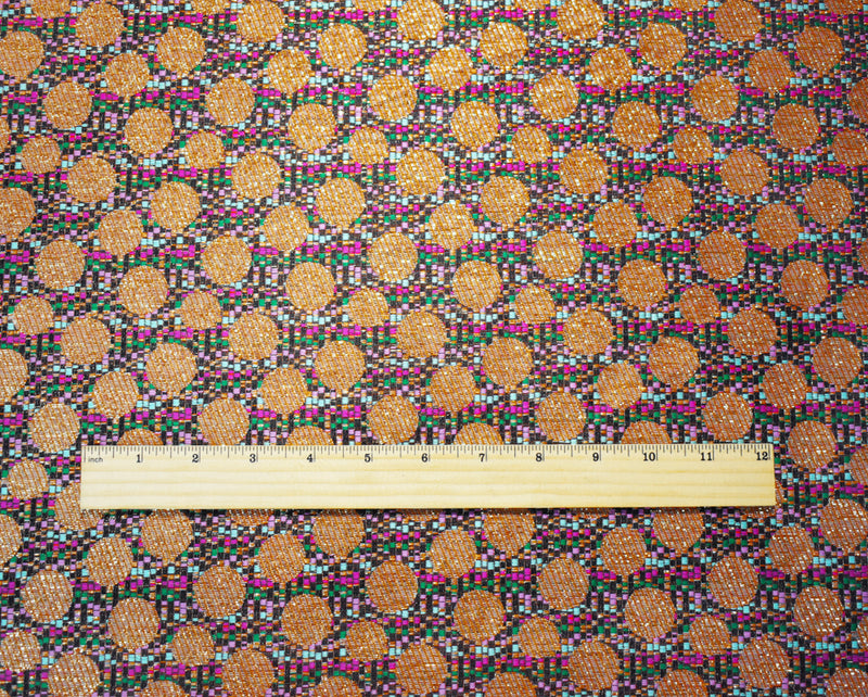 Pink-Gold-Multi Polyester Circle Stripe Jacquard Brocade Woven Fabric