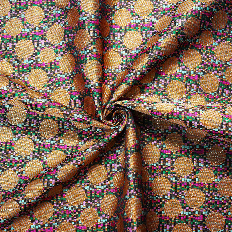Pink-Gold-Multi Polyester Circle Stripe Jacquard Brocade Woven Fabric
