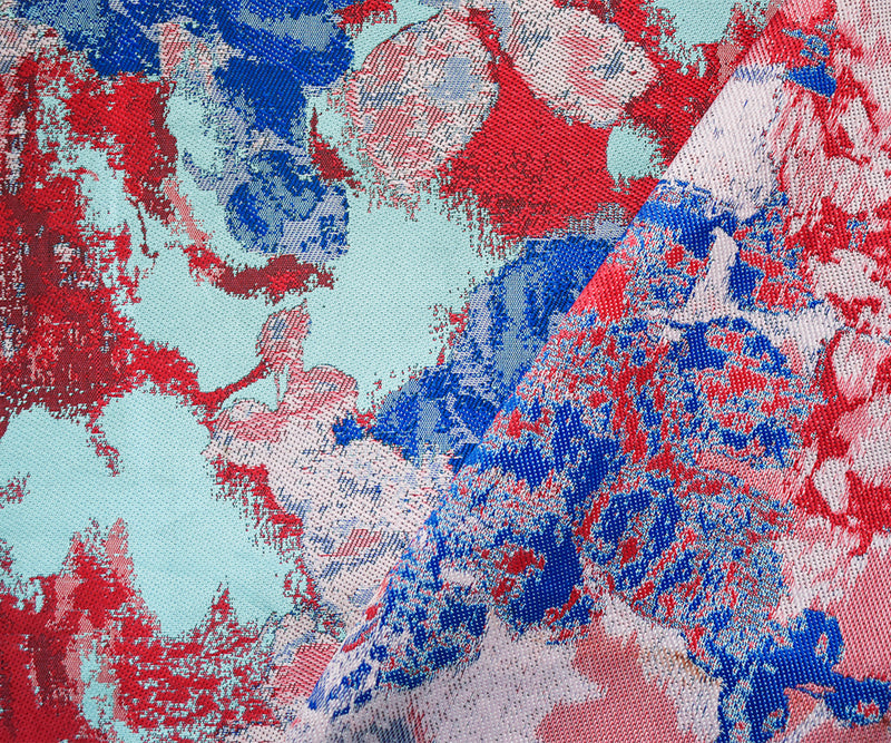 Red-Blue-Multi Polyester Abstract Floral Jacquard Woven Fabric