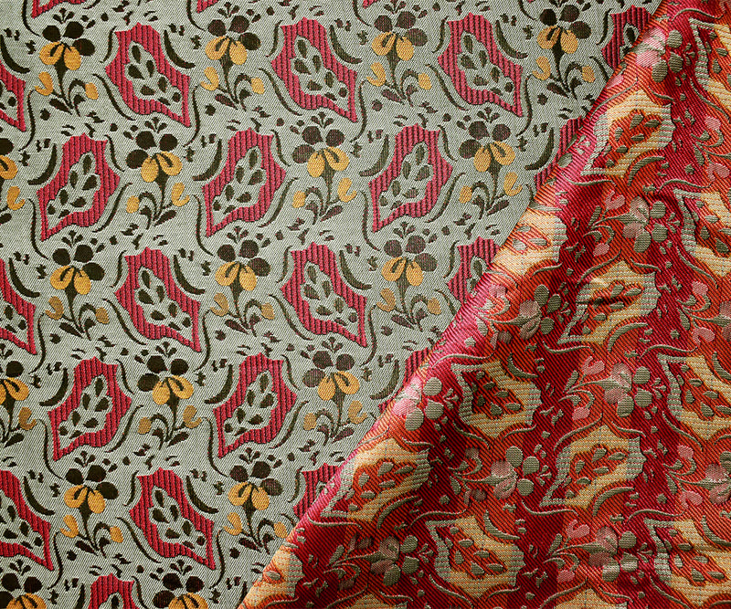 Gray-Red-Multi Polyester Abstract Floral Jacquard Woven Fabric