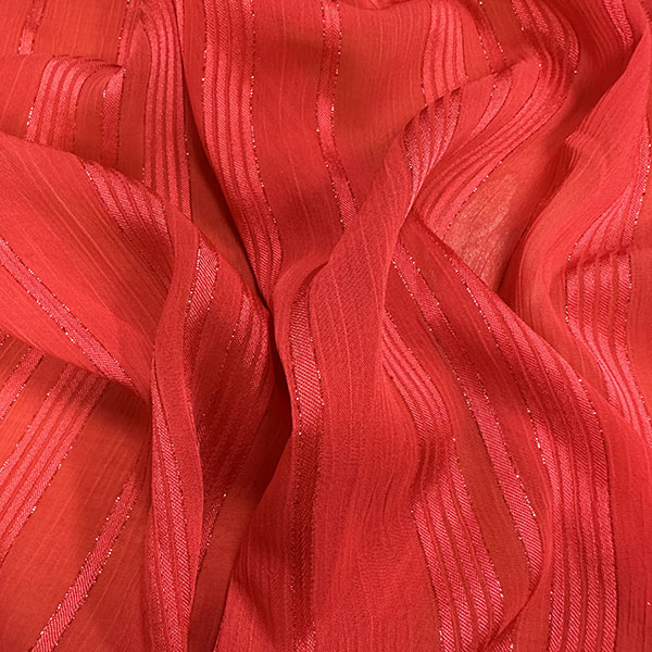 Bright Red Metallic Uneven Striped Poly Chiffon Fabric