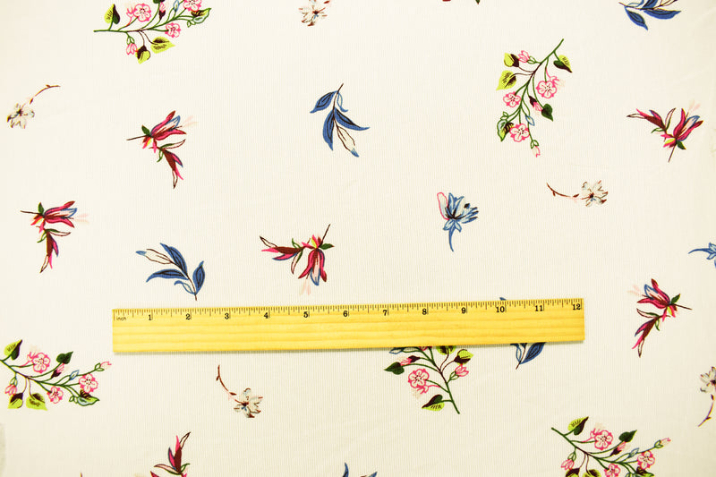 Ivory-Green-Multi Poly Floral Printed Semi-Sheer Striped Dobby Woven Fabric