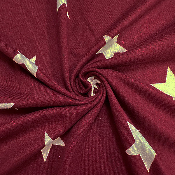 Maroon Star Print Double Brushed Jersey Knit Fabric