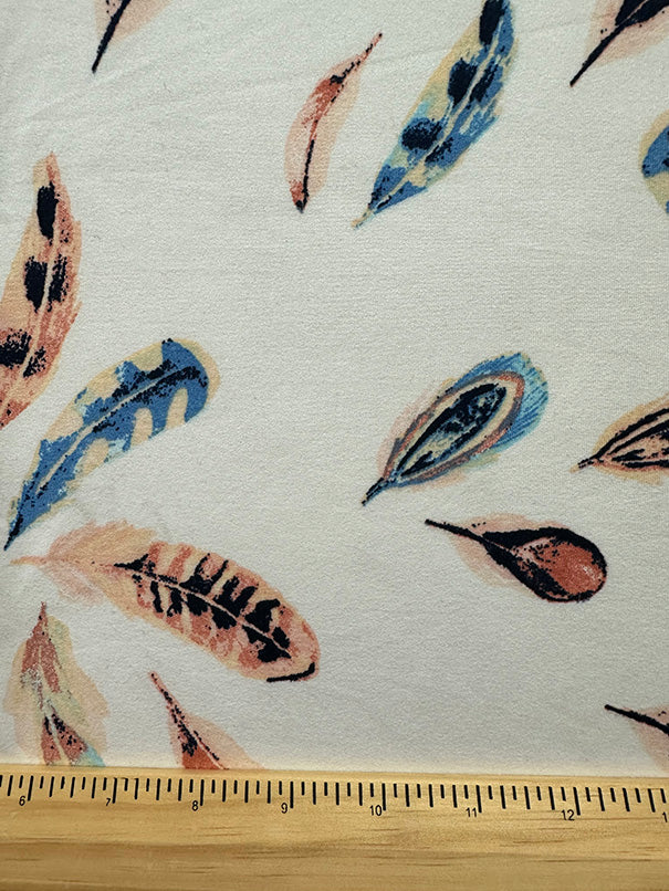 2 1/2 YD PC-White Multi Feather Print Double Brushed Jersey Knit Fabric