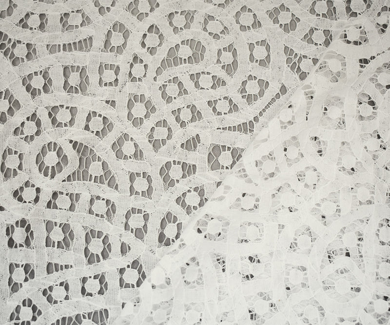 2 5/8 YD PC-White Cotton Nylon Abstract Paisley Dot Crochet Lace Knit Fabric