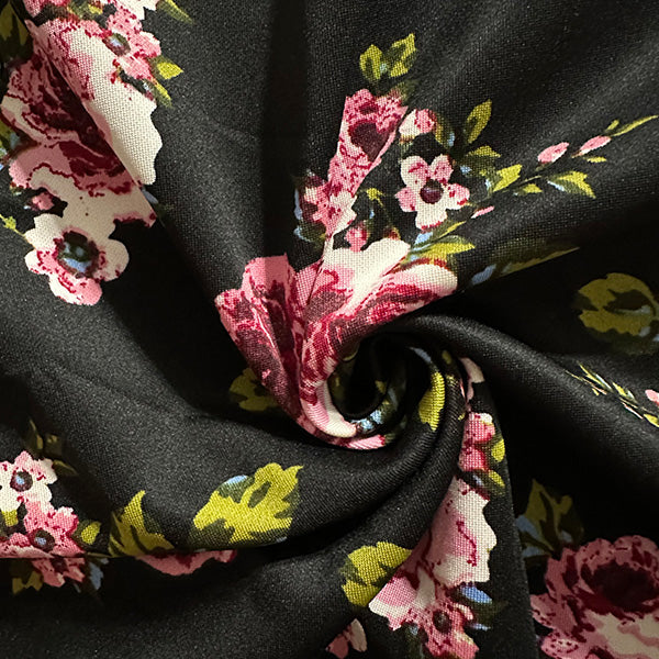 Pink Rose Bunch Print Scuba Knit Fabric