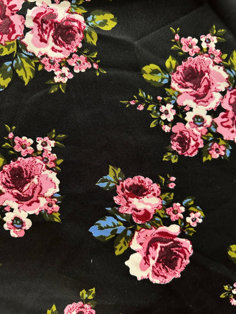 Pink Rose Bunch Print Scuba Knit Fabric