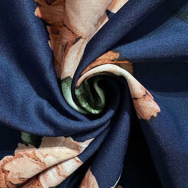 Peach Peony Floral Print on Navy Blue Scuba Knit Fabric