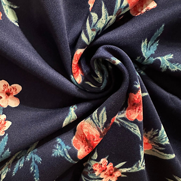 Dark Blue Floral Sprig Print Scuba Knit Fabric